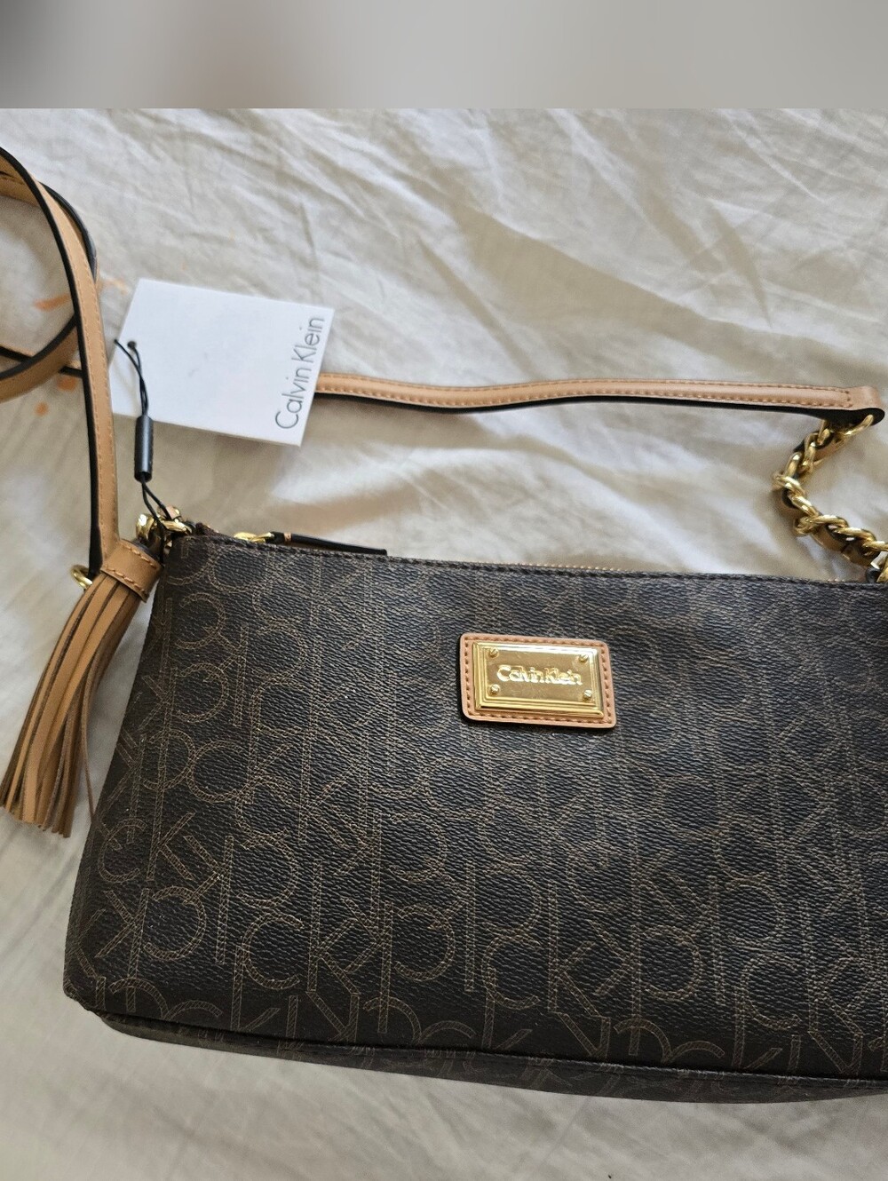 Calvin Klein Brown Logo Crossbody Bag with Tan Strap